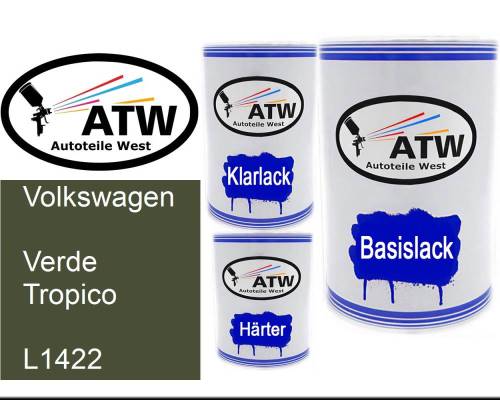 Volkswagen, Verde Tropico, L1422: 500ml Lackdose + 500ml Klarlack + 250ml Härter - Set, von ATW Autoteile West.